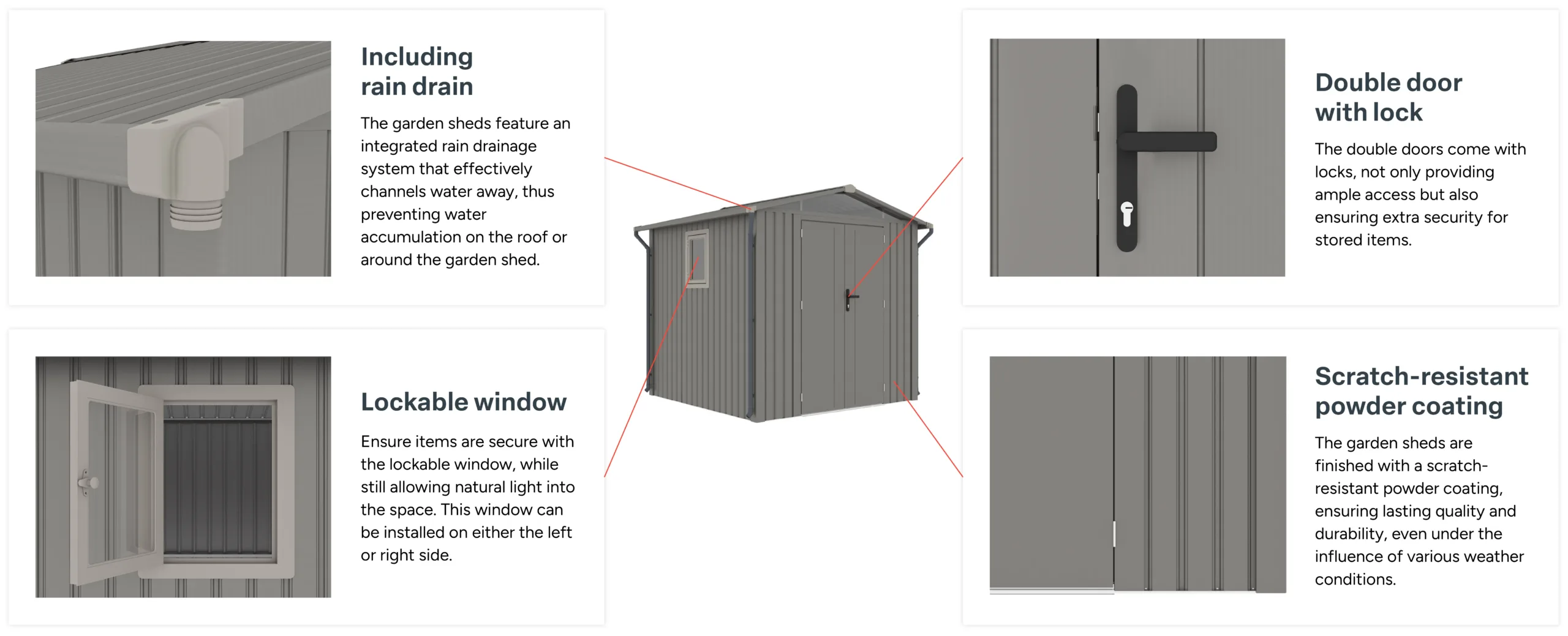 Rockford, garden, shed, specifactions, rain drain, door, lock