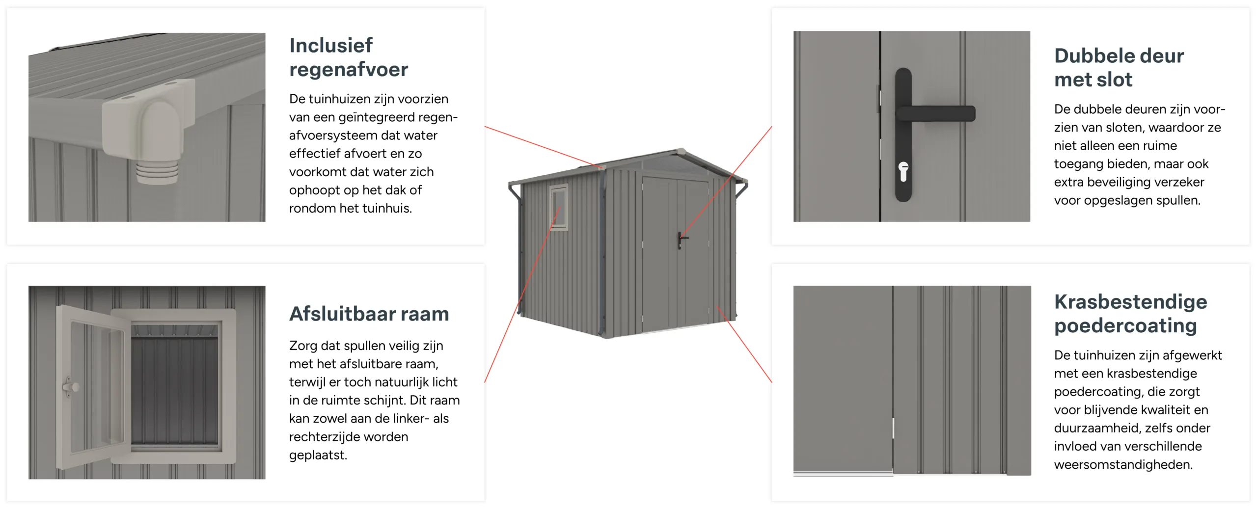 Rockford, tuinhuis, metaal, specificaties, regenafvoer, slot